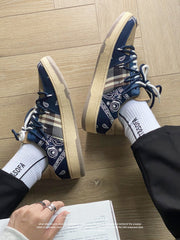 Men's platform sneakers with unique design, blue with cashew flower prints, comfortable PU upper and rubber sole.