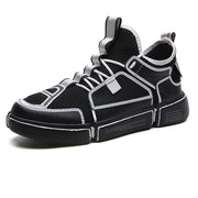Men's breathable mesh wild white sneakers in black color option, featuring mesh and space upper material.