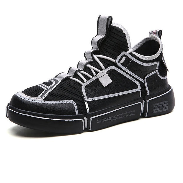 Men's breathable mesh wild white sneakers in black color option, featuring mesh and space upper material.