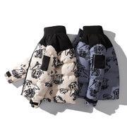 Korean style loose winter jackets for men with graphic print, padded with polyester.
