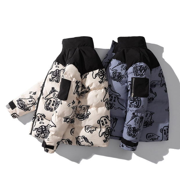 Korean style loose winter jackets for men with graphic print, padded with polyester.