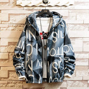 Men's casual streetwear hooded coat with graphic print, made from polyester fiber.