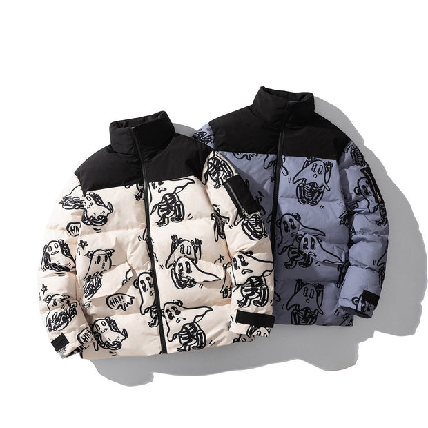 Korean style loose bread clothes winter jackets for men, featuring a bold graphic design and hood, ideal for teenagers in colder seasons.