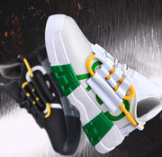Platform sneakers with front strap, breathable mesh inner, MD sole, and flying line upper in white and green-yellow accents.