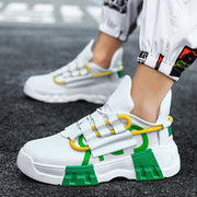 Platform sneakers with front strap, breathable mesh, MD sole, and flying line upper.