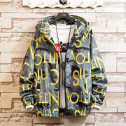 Men's casual streetwear hooded coat with bold yellow print on polyester fabric.