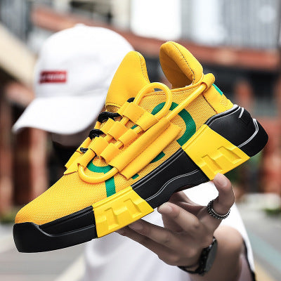 Platform sneakers with front strap, breathable mesh inner, MD sole, colorful design.
