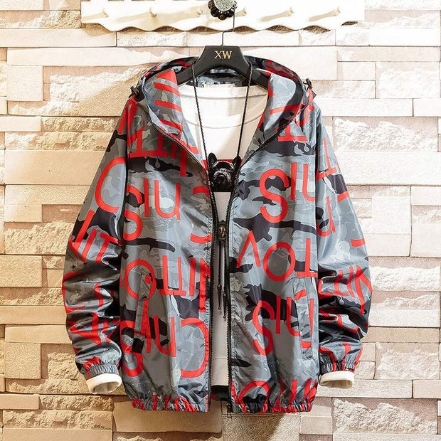 Men's casual streetwear hooded printing coat with bold red lettering, made from polyester fiber.