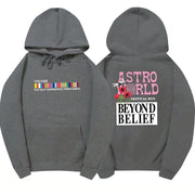 Hip-hop streetwear hoodie with colorful prints, front and back view, casual and hooded style, suitable for teenagers.