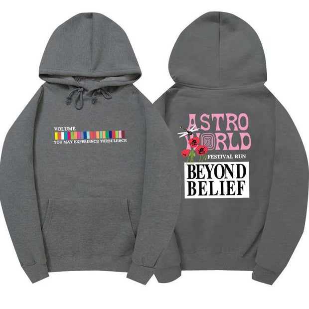 Hip-hop streetwear hoodie with colorful prints, front and back view, casual and hooded style, suitable for teenagers.