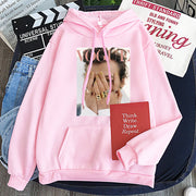Pink Harajuku style hoodie with Vogue print, loose fit, bat sleeves, hooded collar, streetwear fashion.