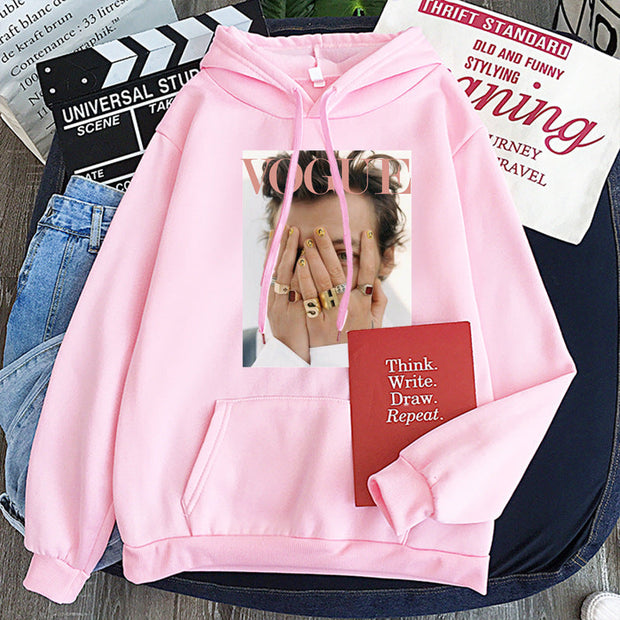 Pink Harajuku style hoodie with Vogue print, loose fit, bat sleeves, hooded collar, streetwear fashion.