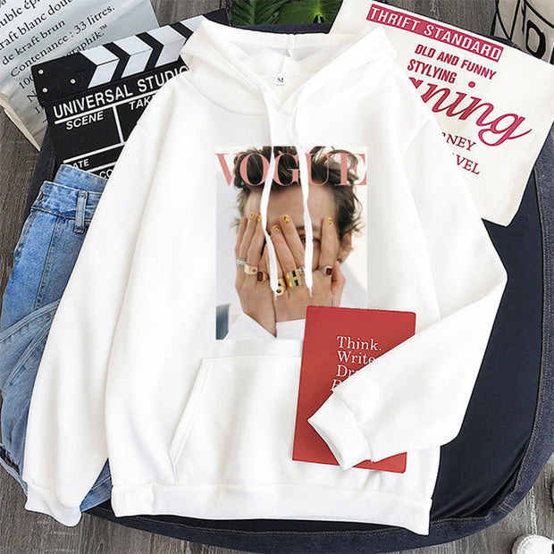 Hoodie Ladies Pullover Large Sweatshirt in White with Vogue Print, Long Sleeve, Hooded Bat Sleeve Style, Casual Streetwear.