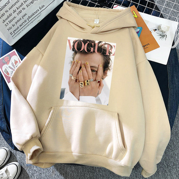 Hoodie ladies pullover with Vogue print, beige color, streetwear style, long bat sleeves, and hood.