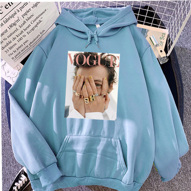 Hoodie Ladies Pullover in light blue with Vogue print, loose fit streetwear style, medium length with bat sleeves.