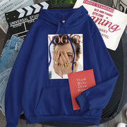 Large blue hoodie with printed graphic design, featuring a hooded collar and bat sleeves, perfect for streetwear style.