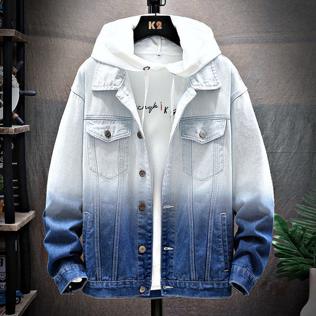 Men's denim jacket in a loose fit with lapel collar and single-breasted design, long sleeves, showcasing a stylish gradient fade.