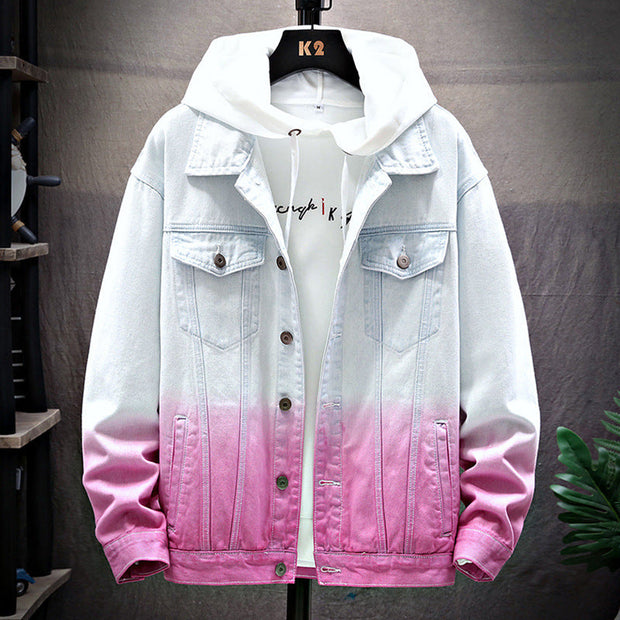 Men's denim jacket with lapel collar and single-breasted design.