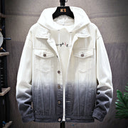 Men's denim jacket with gradient design, lapel collar, and long sleeves.