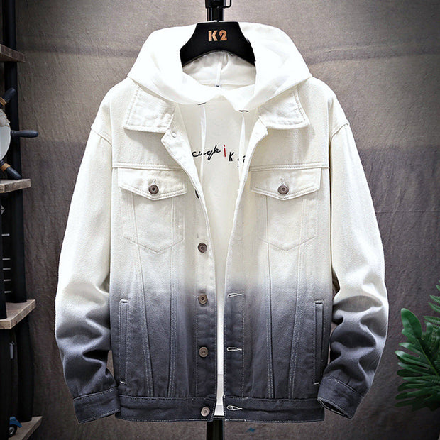 Men's denim jacket with gradient design, lapel collar, and long sleeves.