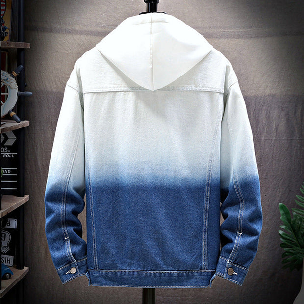 Men's denim jacket with ombre design and lapel collar, featuring long sleeves and a slim fit.