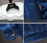 Men's denim jacket featuring lapel collar and single-breasted placket.