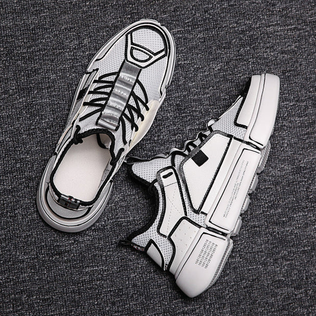 Wild white sneakers men's breathable mesh casual shoes on dark background.