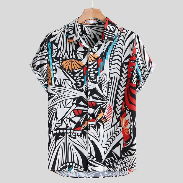 Hawaiian casual shirt streetwear with bold geometric and tropical print.