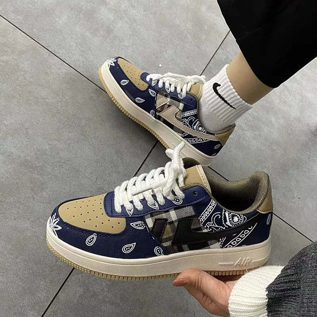 Men's platform sneakers with unique stylish design in cashew flower pattern, low-top casual shoes.