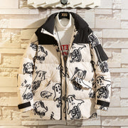 Korean style loose winter men's jacket with black and white abstract design featuring cartoon characters, hooded and thicker for warmth.