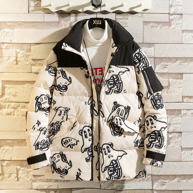 Korean style loose winter men's jacket with black and white abstract design featuring cartoon characters, hooded and thicker for warmth.