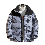 Korean style loose bread winter jacket for men with graphic print, polyester filling, and hood.