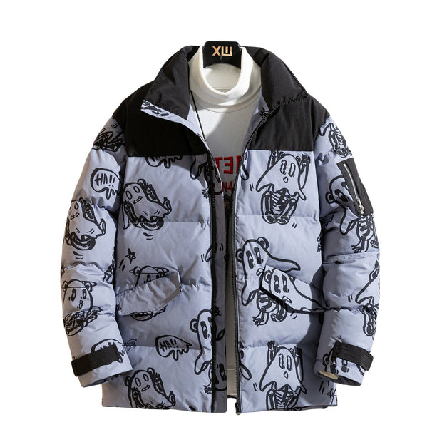 Korean style loose bread winter jacket for men with graphic print, polyester filling, and hood.