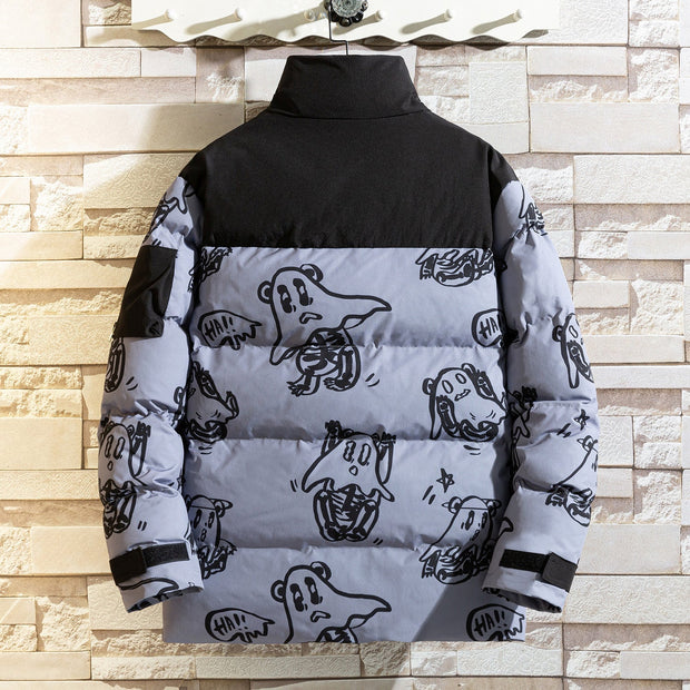Korean style winter jacket with ghost print, loose fit, polyester hooded design.