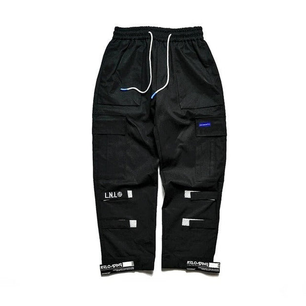 Black streetwear joggers with drawstring waist and multiple pockets.