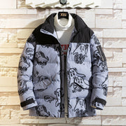 Korean style loose winter jacket for men with playful print design.