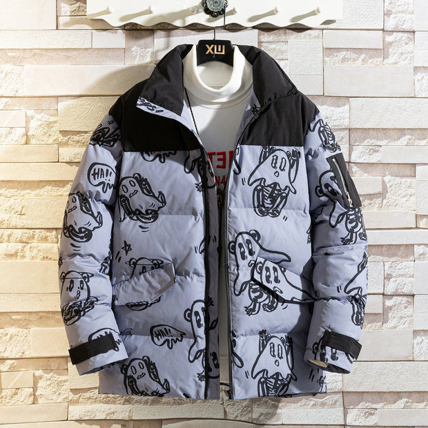 Korean style loose winter jacket for men with playful print design.