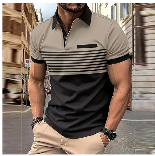 Casual striped shirt with chest pocket in khaki and black, men's loose short sleeve.