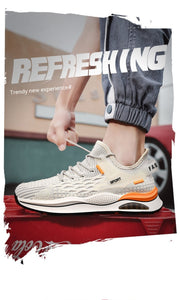 Men's low-top sneakers with flat heel, featuring a breathable flyknit upper in orange and beige, suitable for all seasons.