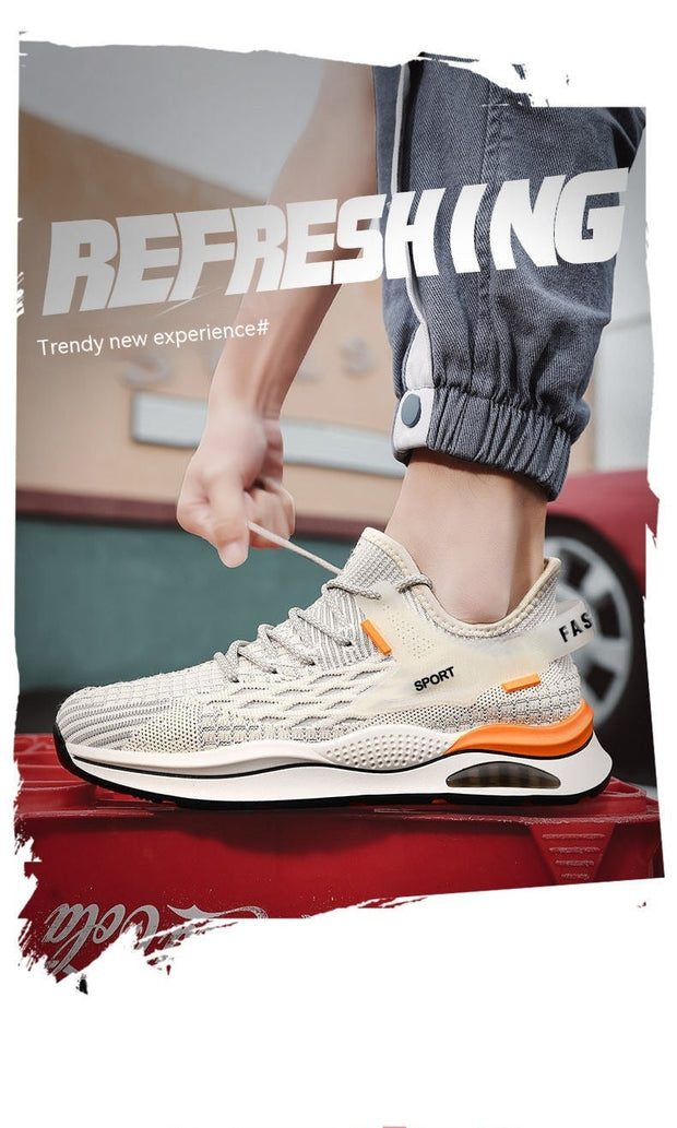 Men's low-top sneakers with flat heel, featuring a breathable flyknit upper in orange and beige, suitable for all seasons.