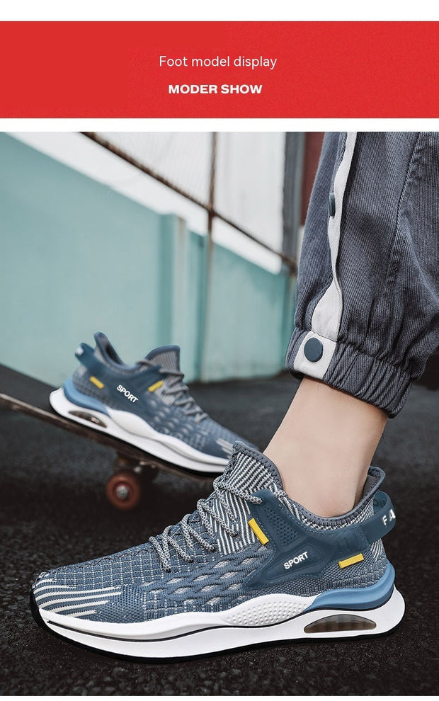 Men's low-top blue sneakers with front lace-up design, featuring breathable Flyknit material and PVC sole, suitable for all seasons and casual sports activities.