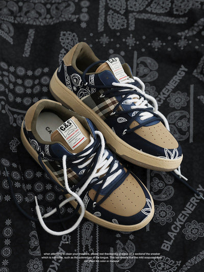 Men's platform sneakers with unique design and lace-up style in cashew flower color.