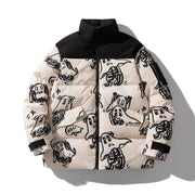 Korean style loose winter men's jacket with cartoon print, hooded and thick, polyester filling.