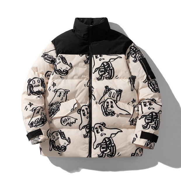 Korean style loose winter men's jacket with cartoon print, hooded and thick, polyester filling.