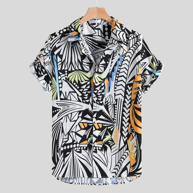 Hawaiian casual streetwear shirt with colorful abstract print, polyester fabric, short sleeves.