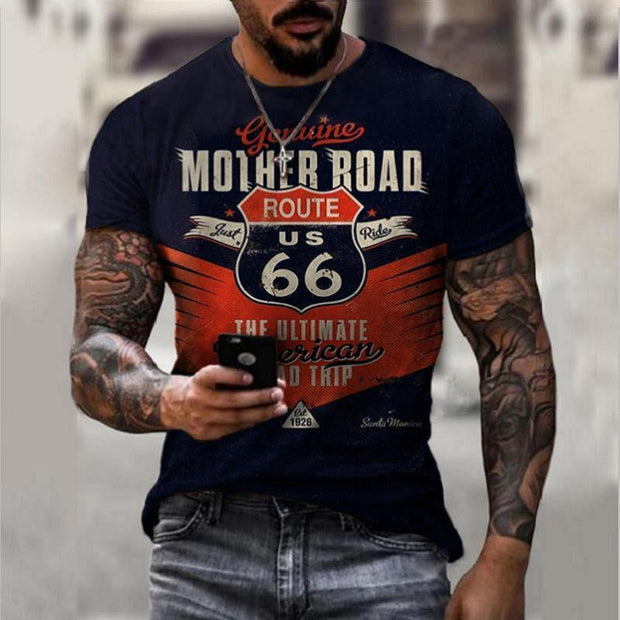 Oversized men's retro short sleeve shirt with Route 66 print, polyester fabric for leisure wear.