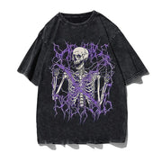 Hip hop streetwear men's T-shirt with skeleton character print and purple digital accents.
