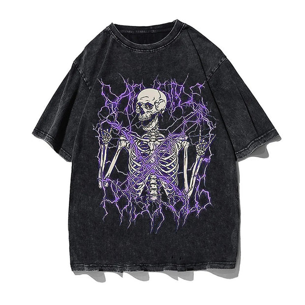 Hip hop streetwear men's T-shirt with skeleton character print and purple digital accents.