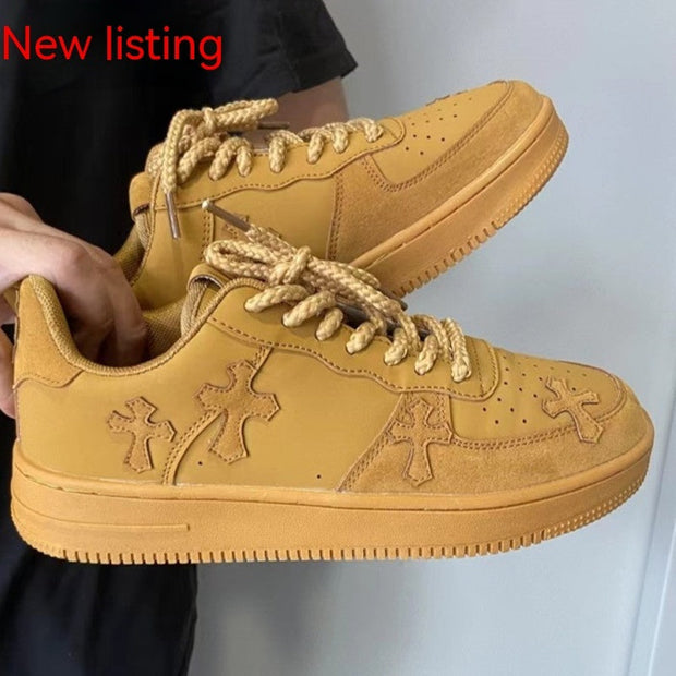 Wheat casual sneakers for women with retro platform, low top and heel, leather stitching, and rubber sole.