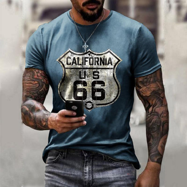 Oversize retro short sleeve shirt for men with Route 66 print, ideal for leisurewear.